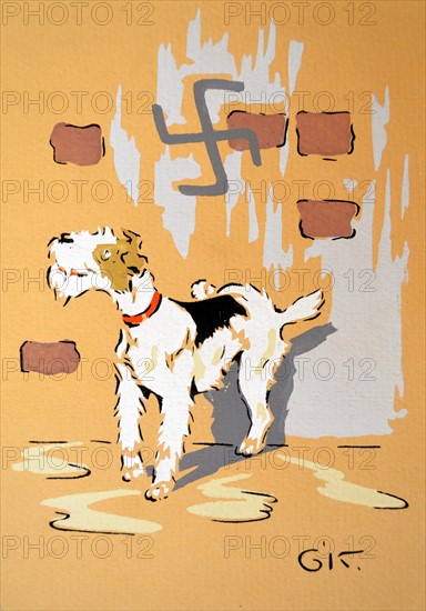 WWII: French war postcard depicting a dog underneath a wall bearing a swastika