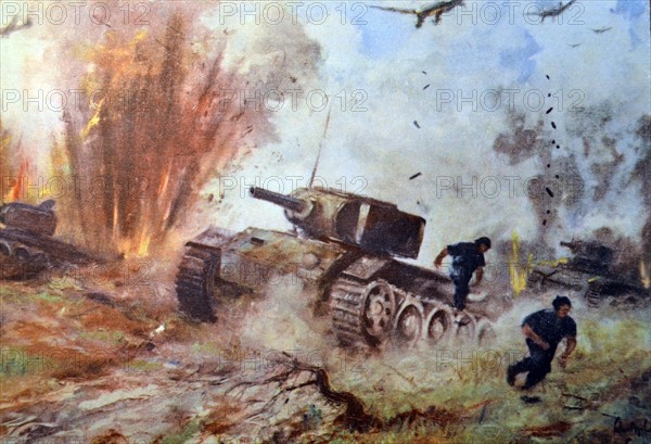 German WWII postcard showing an attack by German stuka aircraft on Russian tanks