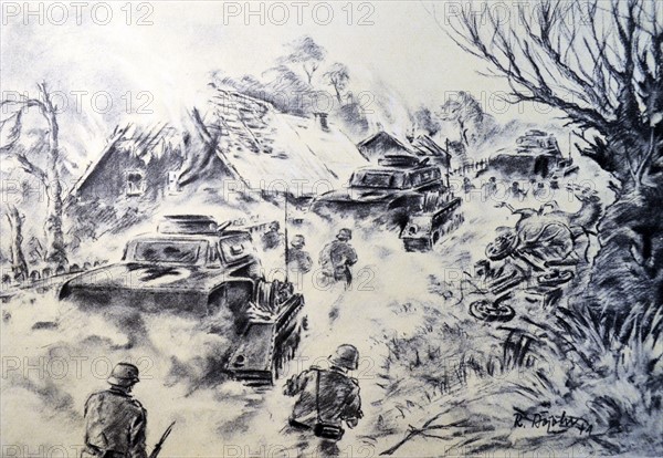 German WWII postcard showing an attack by German tanks and troops in Russia