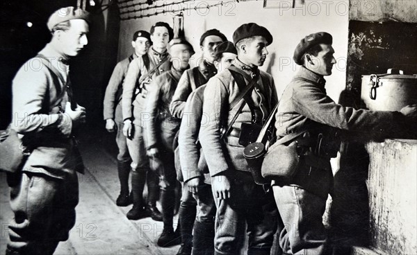 French soldiers take soup within the Maginot Line, France 1940