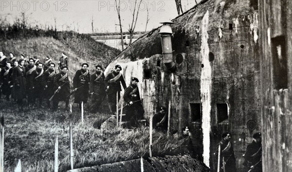 British Scottish, soldiers enter a bunker within the Maginot Line, France 1940