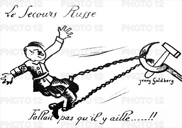 Cartoon depicting Russia chaining Adolf Hitler