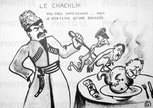 Cartoon depicting Stalin spiking Goebbels, Hitler and goring