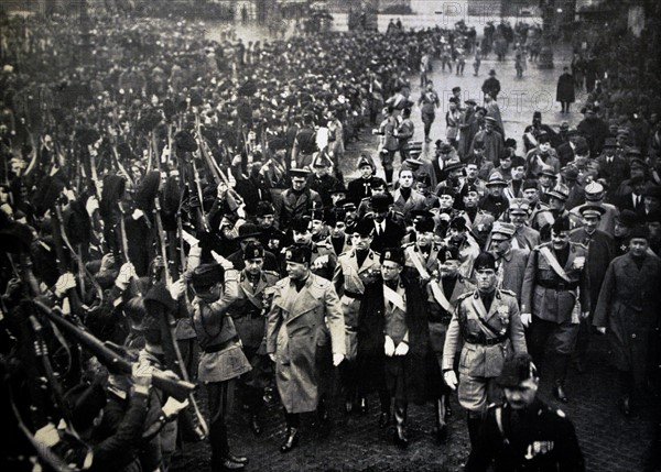 Mussolini with Bianchi, Balbo, Ricci and Starace at a fascist rally in Rome 1928