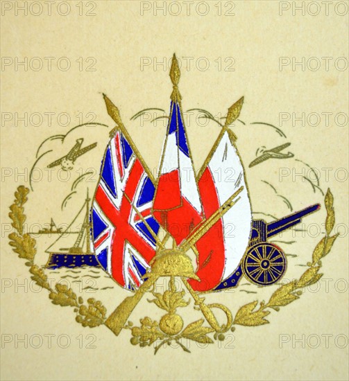 British WWII postcard showing the flags of Britain, France and Poland