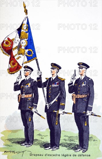 French WWII postcard showing soldiers with pistols next to an officer with a flag