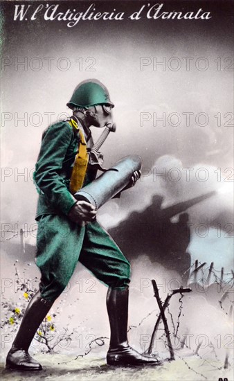 Italian world War Two postcard showing an infantry soldier with his gas mask carrying an artillery shell