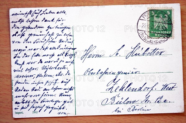 Text of a postcard message written in Weimar Germany to an address in Berlin in 1926