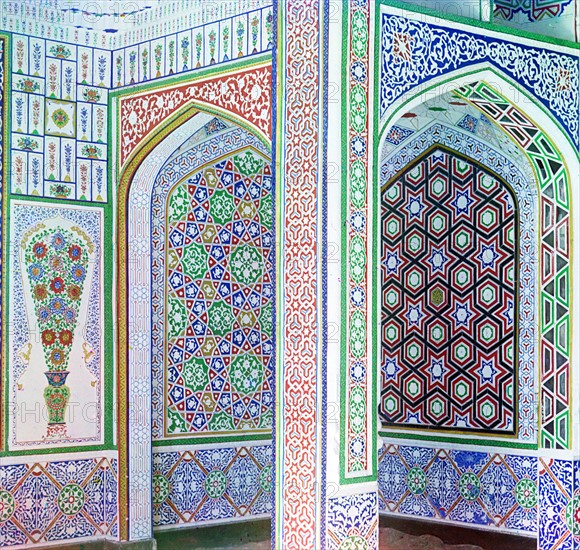 Example of mosaics on the walls in the home of a wealthy Sart. On the outskirts of Samarkand, Russia