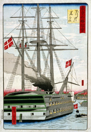 Tokyo Shinagawa oki no kurofune (Black ship off Shinagawa). by Hiroshige