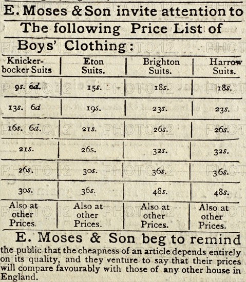 Price List for E. Moses & Son