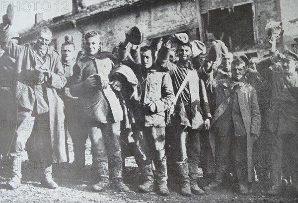 German prisoners of war at a camp in France celebrate the end of WWI