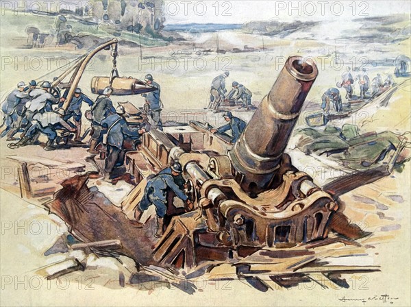 French mortar prepared for firing against German positions, WWI, France