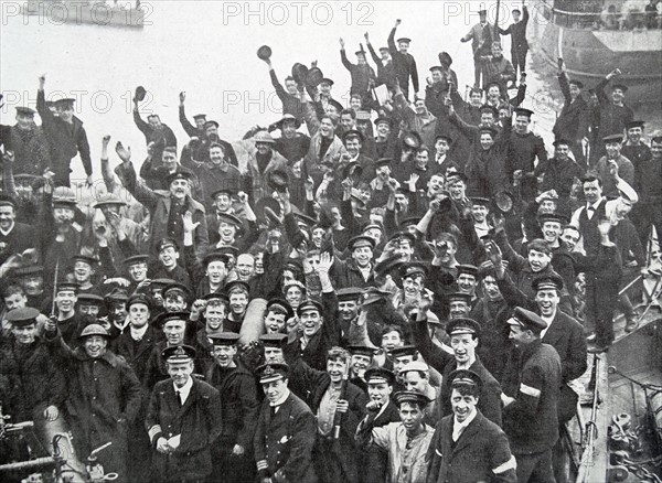 Return to England of HMS Vindictive, a British naval cruiser after action at Zeebrugge