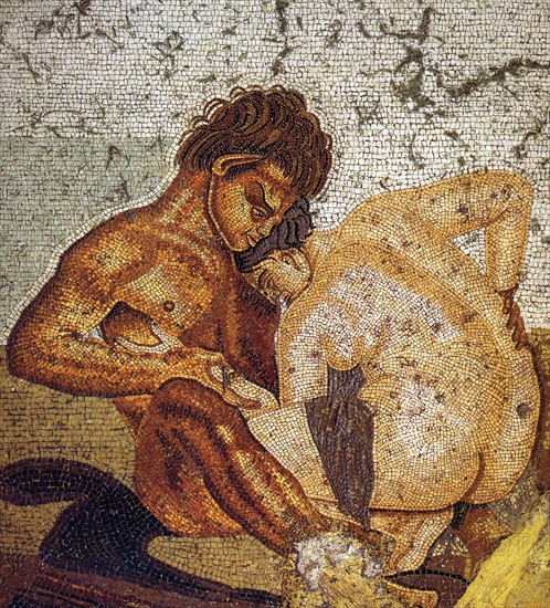 Mosaic in the Casa del Fauno, Pompeii. Shows a satyr and a nymph 70 AD