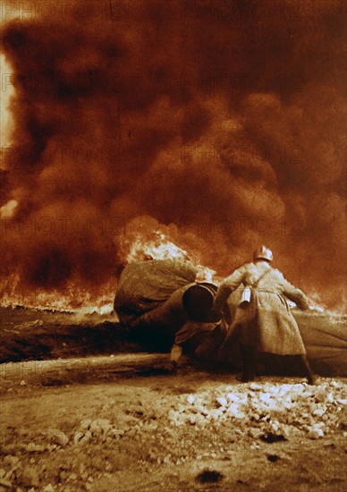 WWI French balloon is destroyed on the ground by a german aerial attack 1916