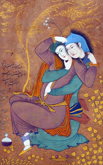 Two lovers;   Persian/Iranian illustration of to;   16th Century