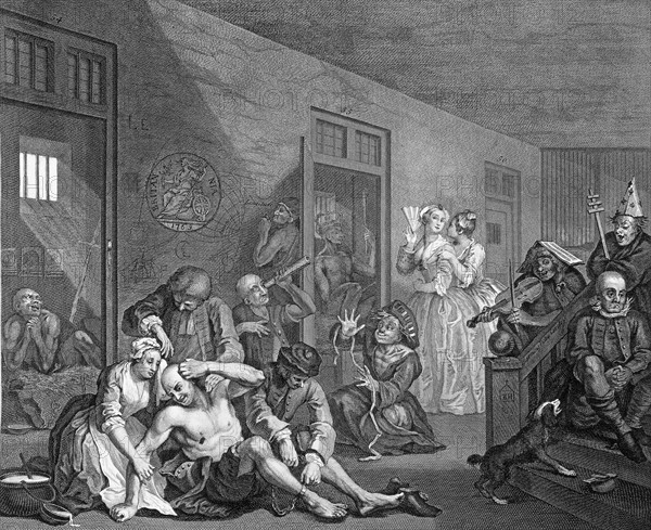 Plate 8 Bedlam from the Rake's Progress by William Hogarth.