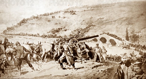 Serbian artillery withdraw and re-position during a campaign in WWI 1915