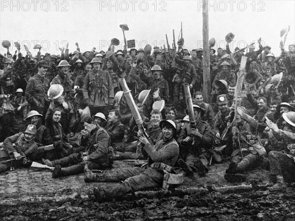 British soldiers celebrate a victory at the front line in WWI 1916