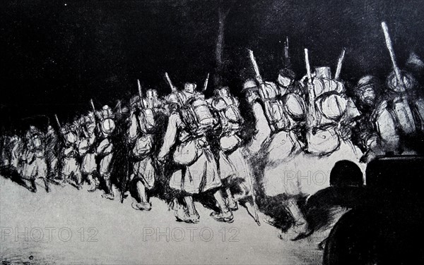 French soldiers march at night to the Verdun front;   during WWI 1916