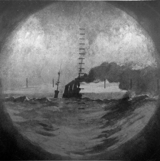 German warship viewed through a Royal Navy submarine periscope in WWI. 1917