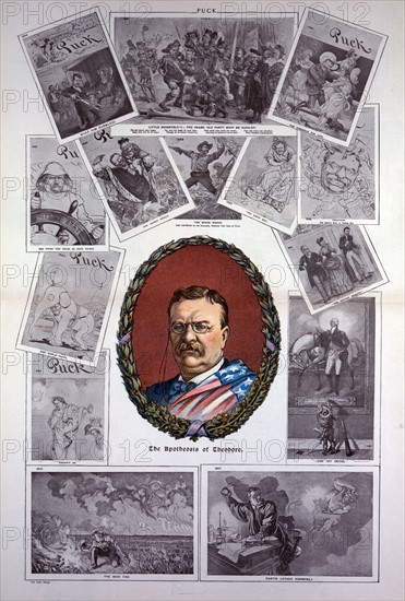 Theodore Roosevelt in an oval wreath of oak and laurel or holly