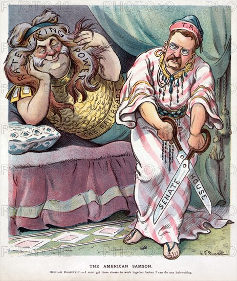 Theodore Roosevelt as Delilah with a broken pair of shears