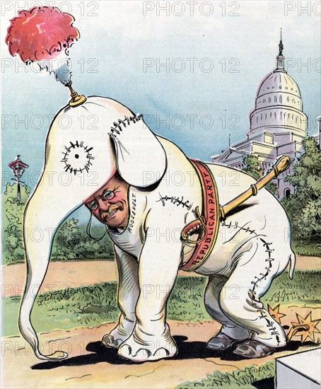 President Theodore Roosevelt wearing a white elephant costume
