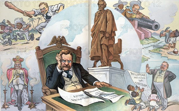 President Theodore Roosevelt sitting at a desk pondering the Philippine and Central American issues,