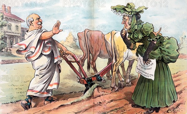 Former president Grover Cleveland as "Cincinnatus" ploughing a field