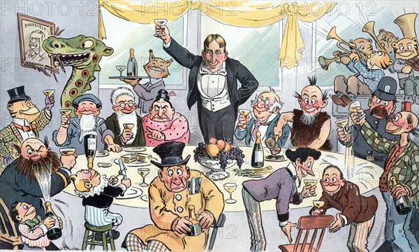 William Randolph Hearst hosting a dinner for a gathering of cartoon characters