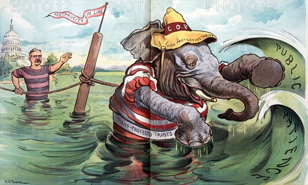 Republican elephant wading towards huge waves labelled 'Public Patience'