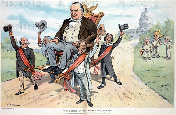 Representatives of various parties carrying a larger-than-life-sized President McKinley