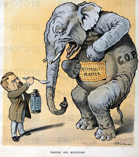 President Theodore Roosevelt giving the Republican elephant a spoonful of "Trust Legislation Tonic"