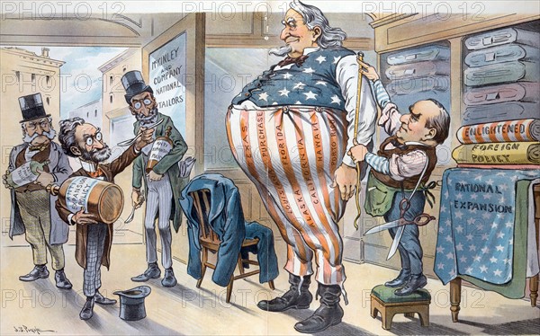 A huge Uncle Sam getting a new outfit made at the "McKinley and Company National Tailors"
