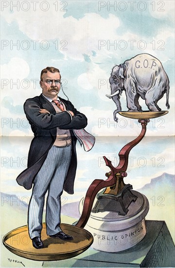 President Theodore Roosevelt standing on a scale