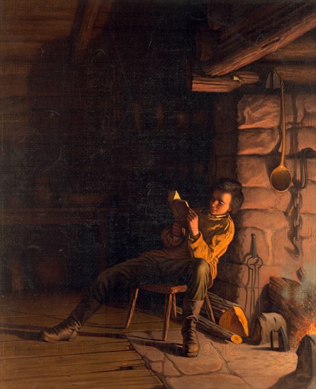 Abraham Lincoln reading by a fireplace