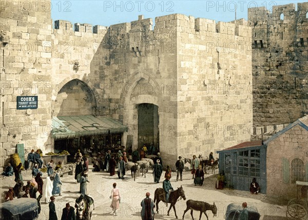 The Jaffa Gate, Jerusalem with a Thomas Cook travel agent sign, dated 1910