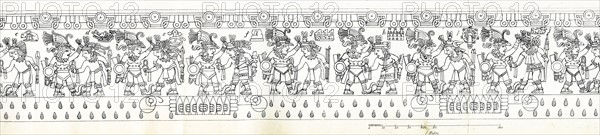 Line drawing of the scenes that run around the edges of the Stone of Tizoc