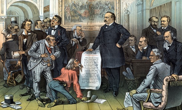 President Cleveland with his right hand on the 1885 Declaration of Independence