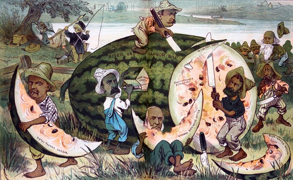 Several legislators slicing up a large watermelon