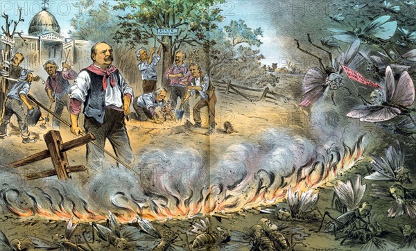 President Cleveland standing behind a wall of flames