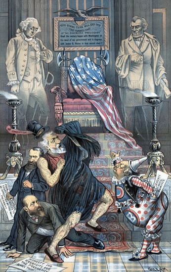 The spirits of George Washington and Abraham Lincoln looking at a throne