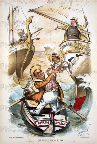 Benjamin Harrison on the deck of a ship labelled 'Republican Party'