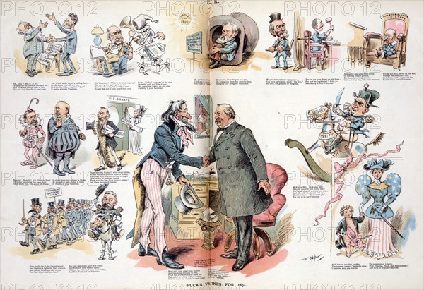 Uncle Sam and President Cleveland shaking hands