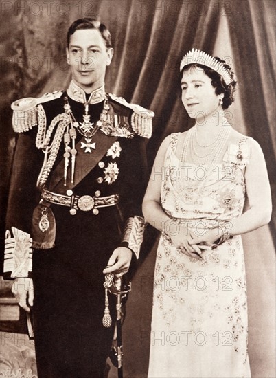 Portrait of King George VI and Queen Elizabeth of England, in formal coronation robes.