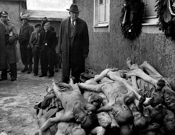 Kentucky Senator Alben W. Barkley visting a German concentration camp