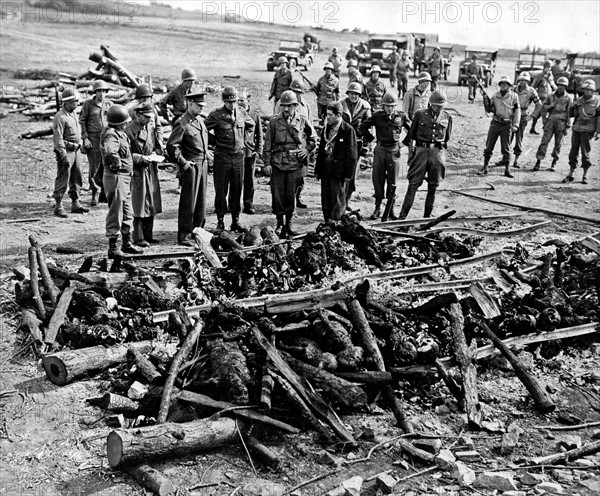 Generals Bradley, Patton, Eisenhower, and Eddy inspecting a pile of charred corpses.