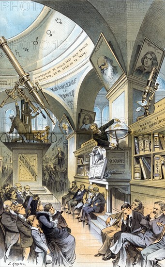 Satirical, interior view of a museum hall